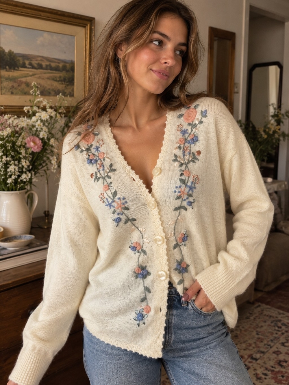 Cricket Lane Womens M Ivory Floral Embroidered Cardigan Sweater Cottagecore